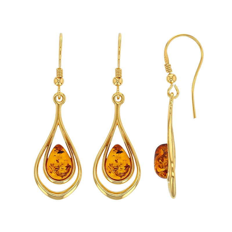 Pendants forme ovale ornés d'ambre cognac, argent 925/1000 doré
