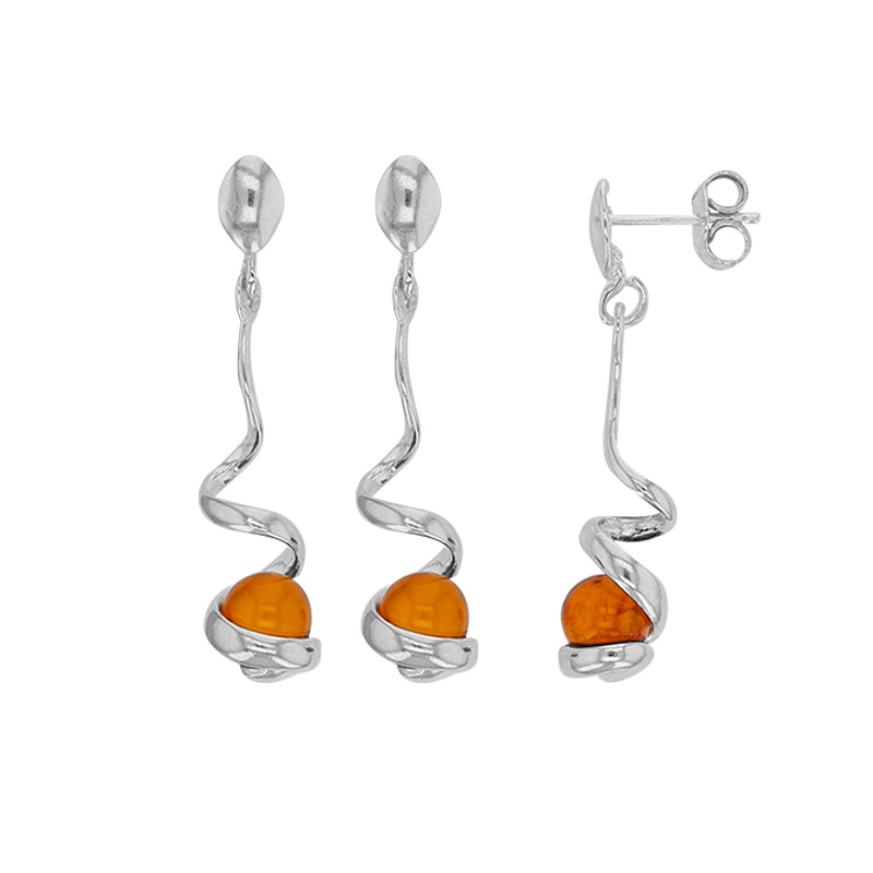 Pendants forme spirale ambre cognac et argent 925/1000 rhodié