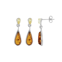 Pendants longues gouttes, ambre cognac et miel, argent 925/1000 rhodié