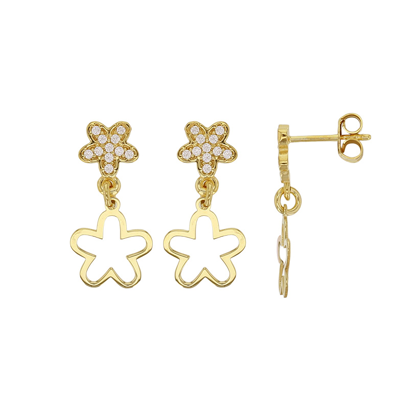Pendants ornés de 2 fleurs dont une avec oxydes en argent 925/1000 doré