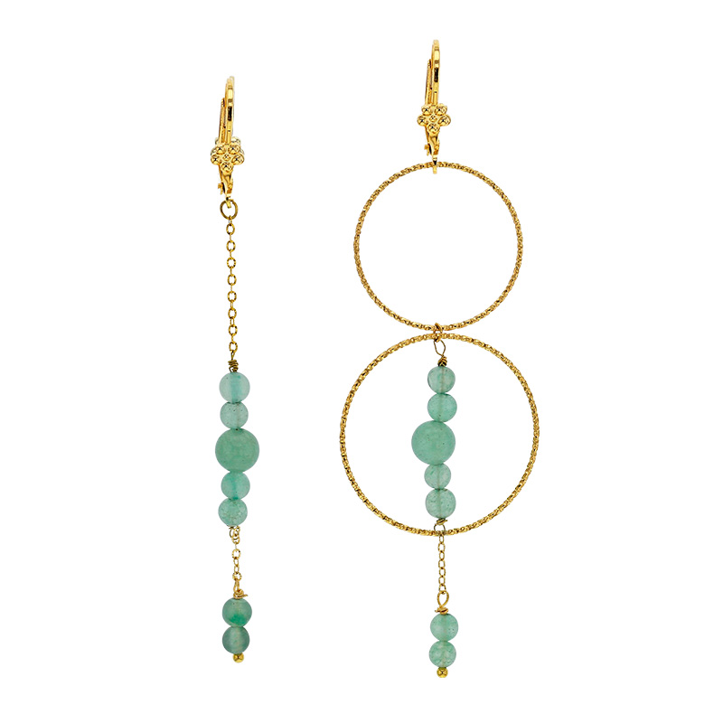 Pendants ornés de boules en aventurine et deux cercles en acier doré