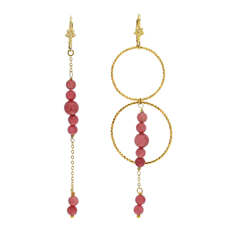 Pendants ornés de boules en aventurine et deux cercles en acier doré
