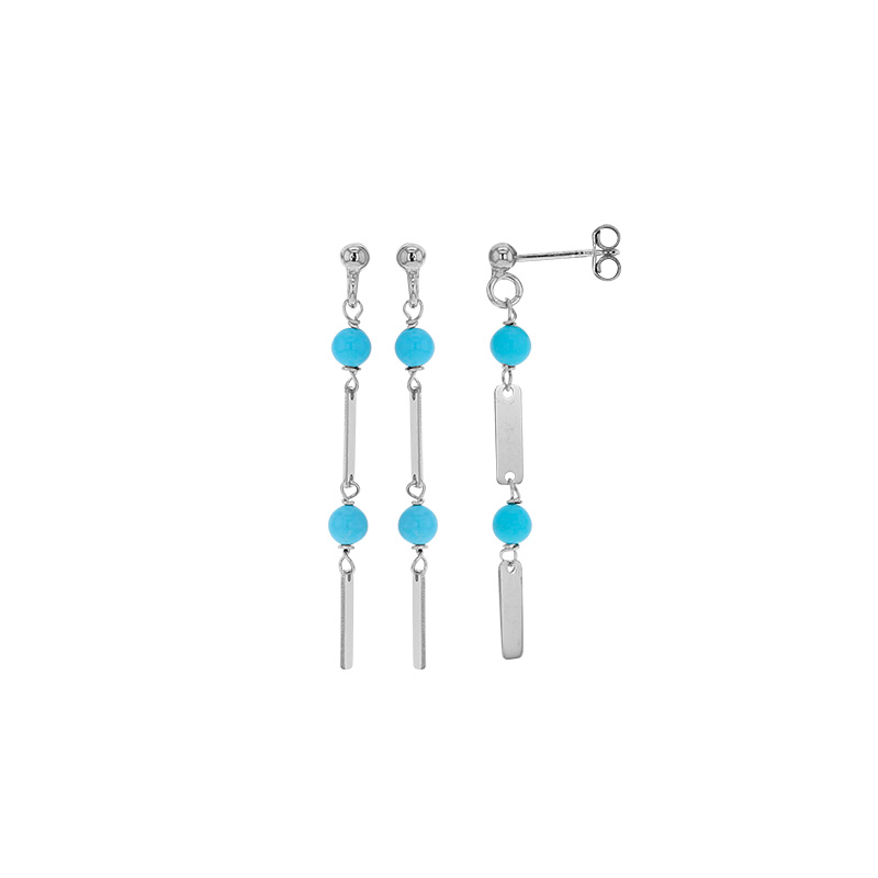Pendants 2 rectangles, 2 boules résine bleu turquoise, argent 925/1000 platiné