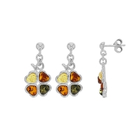 Pendants trèfle à 4 coeurs ambre cognac, miel et gris en argent 925/1000 rhodié