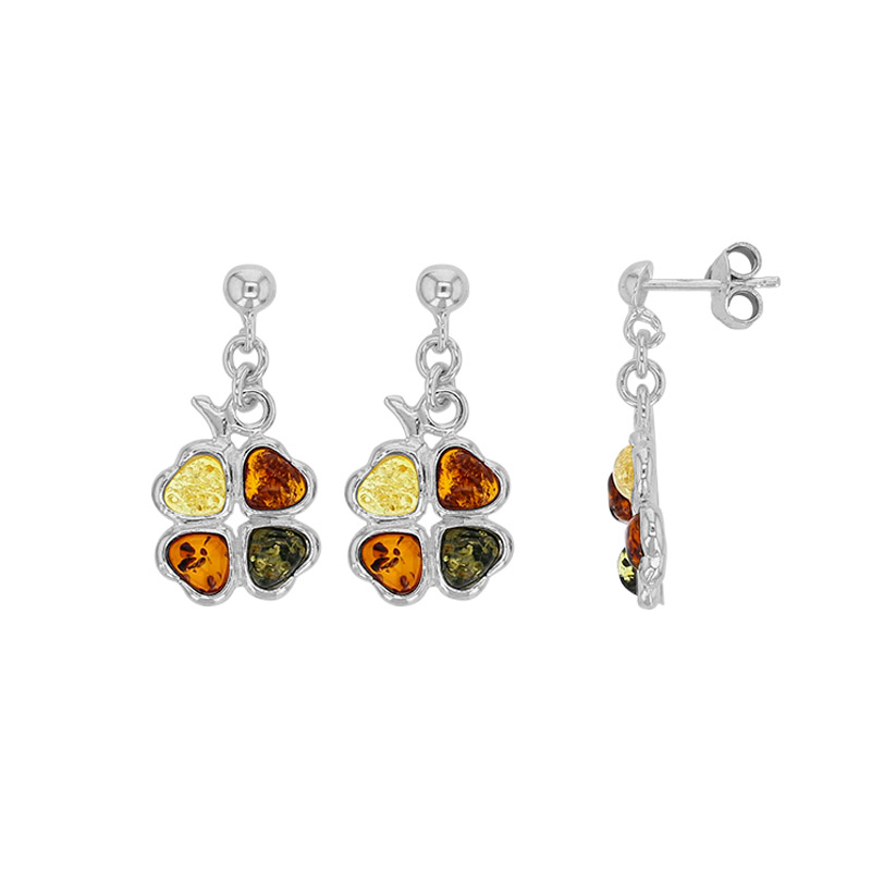 Pendants trèfle à 4 coeurs ambre cognac, miel et gris en argent 925/1000 rhodié