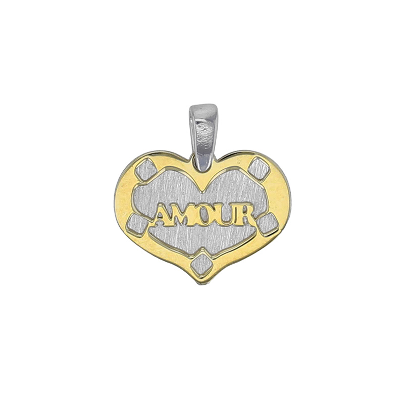 Pendentif 2 coeurs en argent 925/1000 rhodié et doré et gravé Amour