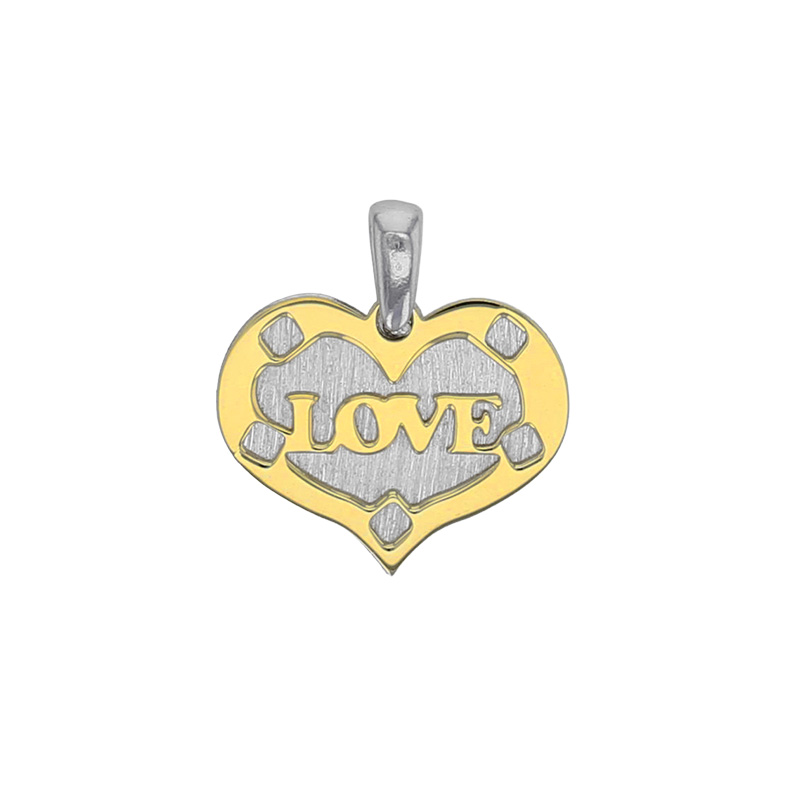 Pendentif 2 coeurs en argent 925/1000 rhodié et doré et gravé Love