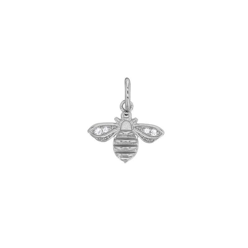 Pendentif abeille ornée de corindon synthétique blanc, argent 925/1000 rhodié