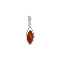 Pendentif ambre cognac en forme d'amande, entouré d'argent 925/1000 rhodié
