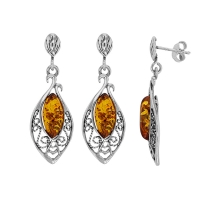Pendentif ambre cognac en forme d'amande et argent 925/1000 vieilli