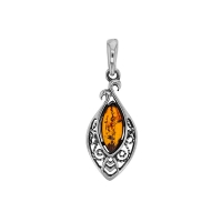 Pendentif ambre cognac en forme d'amande et argent 925/1000 vieilli