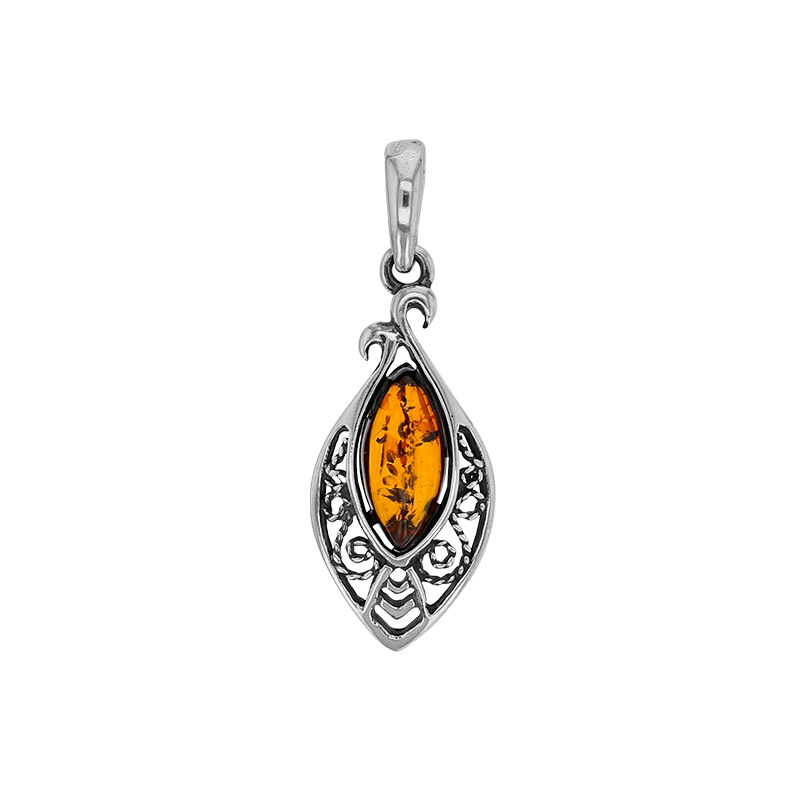 Pendentif ambre cognac en forme d'amande et argent 925/1000 vieilli