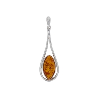 Pendentif ambre cognac en forme de goutte, entouré d'argent 925/1000 rhodié
