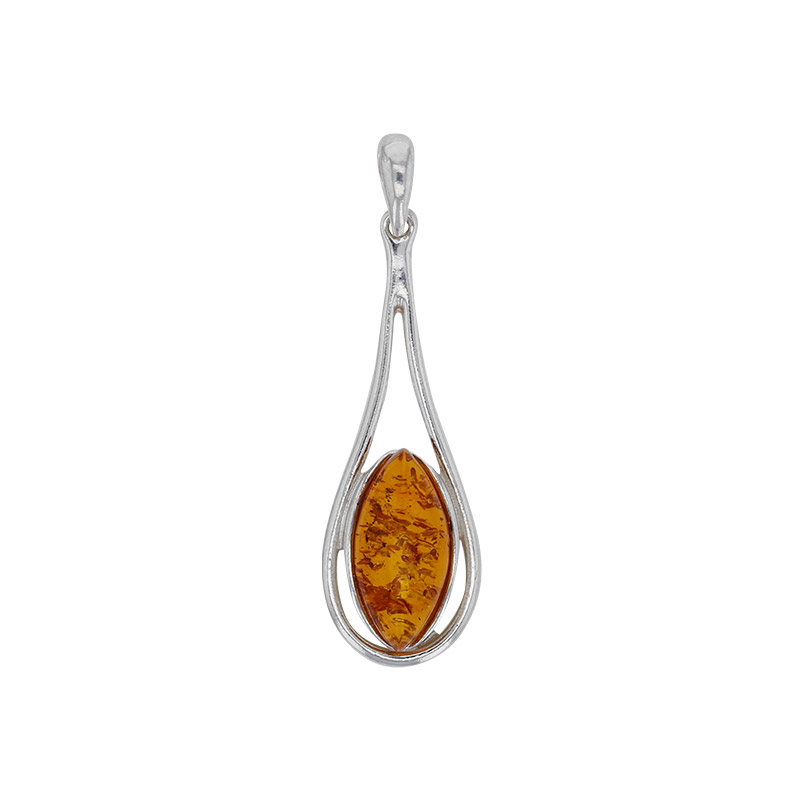 Pendentif ambre cognac en forme de goutte, entouré d'argent 925/1000 rhodié