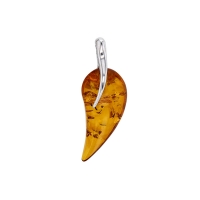 Pendentif ambre cognac goutte pointue et argent 925/1000 rhodié