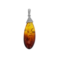 Pendentif ambre cognac ovale allongé et argent 925/1000 rhodié