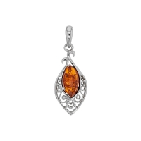 Pendentif Ambre forme amande et armature baroque ajourée argent 925/1000 rhodié