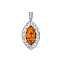 Pendentif ambre forme amande et armature en argent 925/1000 rhodié avec des contours ajourés perlés