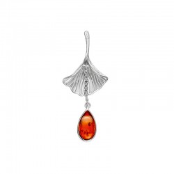 Pendentif Ambre forme goutte avec feuille de Ginkgo argent 925/1000 rhodié