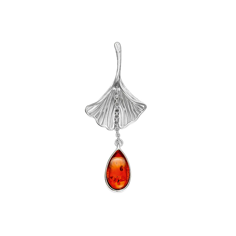 Pendentif Ambre forme goutte avec feuille de Ginkgo argent 925/1000 rhodié