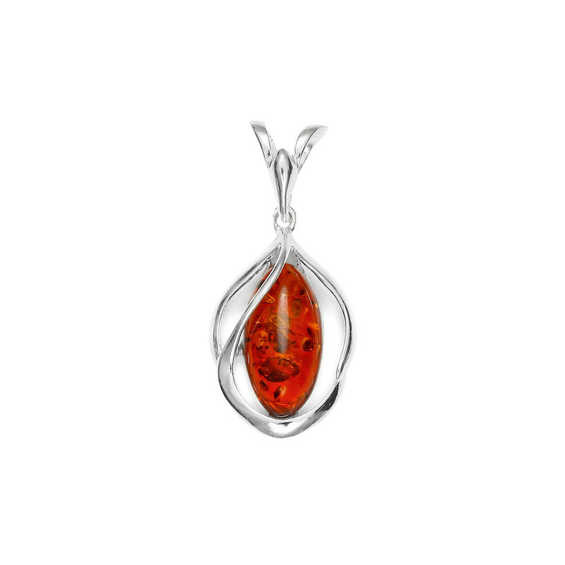 Pendentif Ambre forme ovale avec volutes argent 925/1000 rhodié