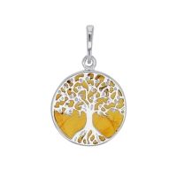 Pendentif ambre petit, rond, Arbre de vie en argent 925/1000 rhodié