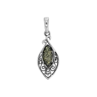 Pendentif ambre verte en forme d'amande et argent 925/1000 vieilli