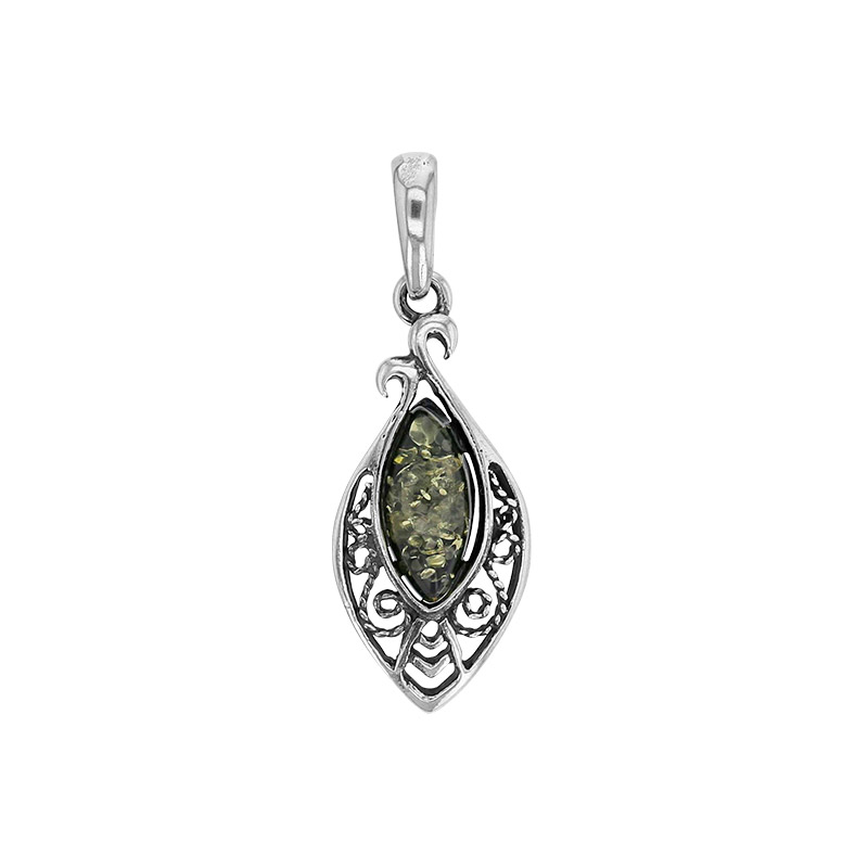 Pendentif ambre verte en forme d'amande et argent 925/1000 vieilli