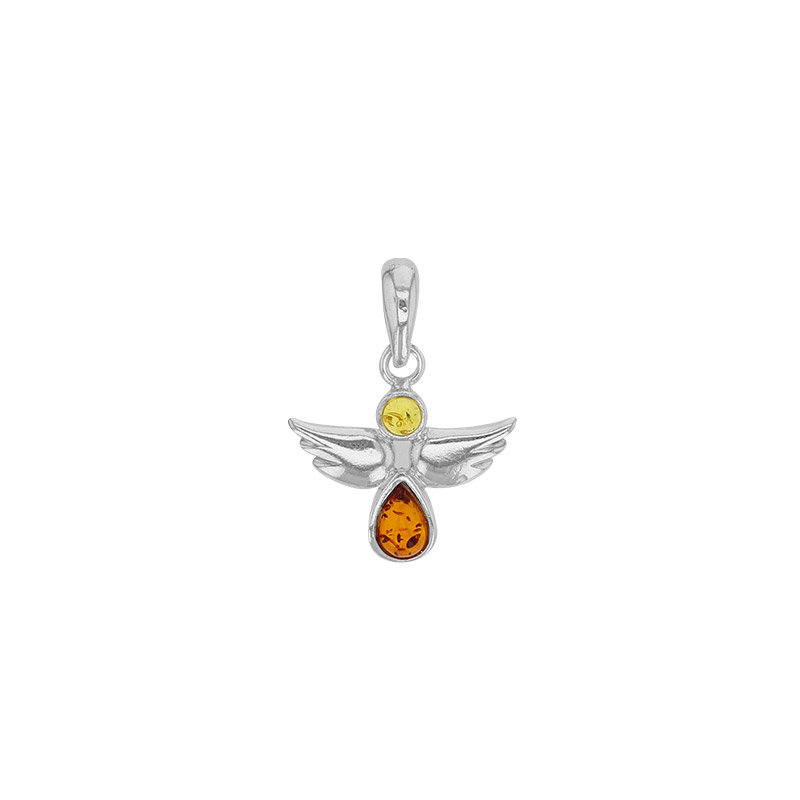 Pendentif ange ambre cognac et miel en argent 925/1000 rhodié