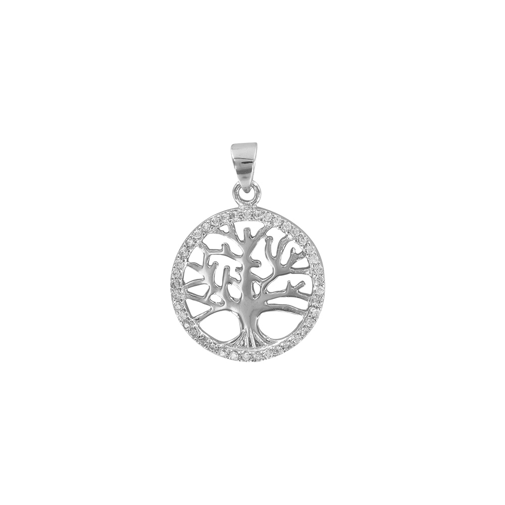 Pendentif arbre ajouré dans un cercle en Argent 925/1000 rhodié orné d'oxydes de zirconium