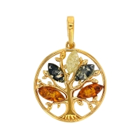 Pendentif arbre de vie Ambre cognac, miel et gris en argent 925/1000 doré