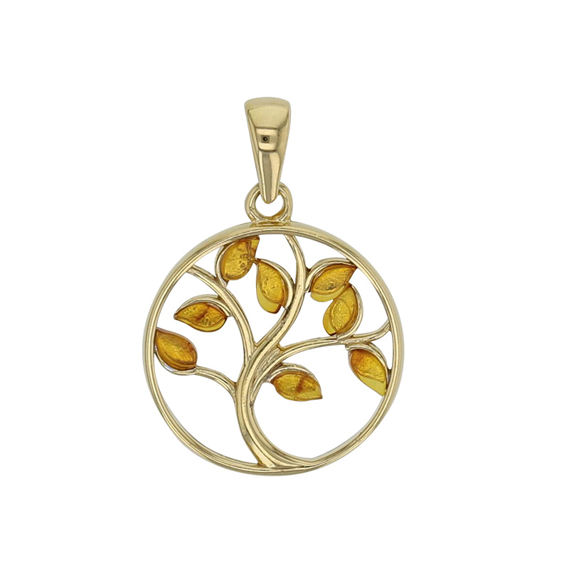 Pendentif arbre de vie avec  Ambre cognac, argent 925/1000 doré