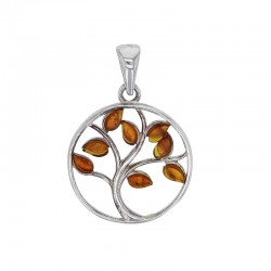 Pendentif arbre de vie en ambre cognac et argent 925/1000 rhodié