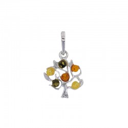 Pendentif arbre de vie en ambre cognac et miel, en argent 925/1000 rhodié
