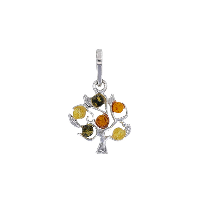 Pendentif arbre de vie en ambre cognac et miel, en argent 925/1000 rhodié