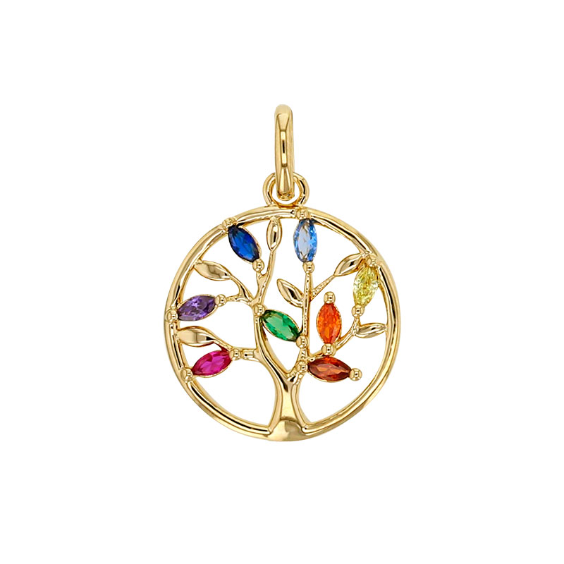 Pendentif arbre de vie en oxyde de zirconium multicolores, plaqué or