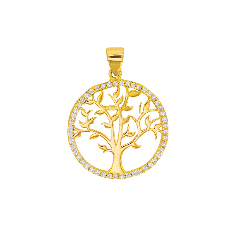 Pendentif arbre de vie entourage oxydes, Plaqué or, diam. 21mm