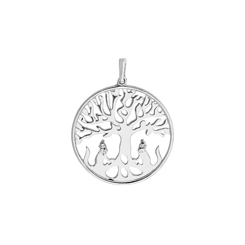 Pendentif arbre de vie et 2 loups, argent 925/1000