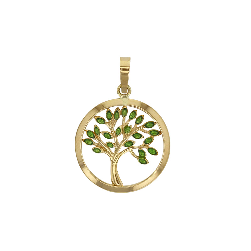 Pendentif arbre de vie orné d'oxydes verts, Or 750/1000