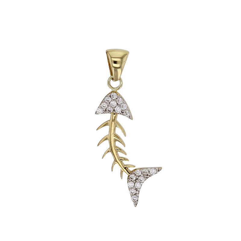 Pendentif arête de poisson bicolore avec oxydes, Or 375/1000