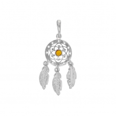 Pendentif argent 925/1000 rhodié Attrape-rêves avec pierre Ambre miel au centre