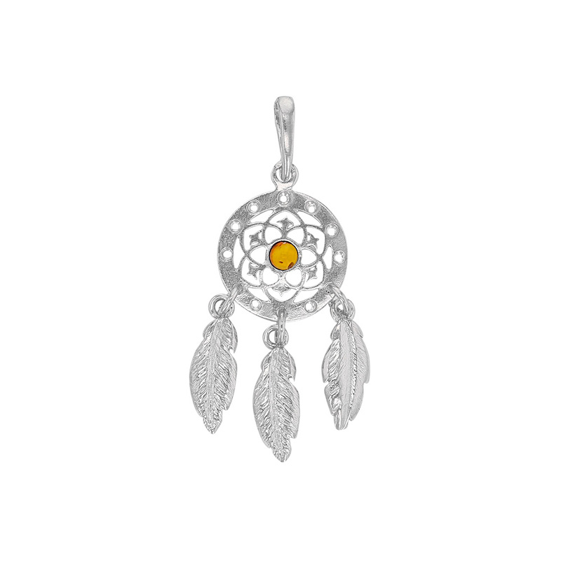 Pendentif argent 925/1000 rhodié Attrape-rêves avec pierre Ambre miel au centre