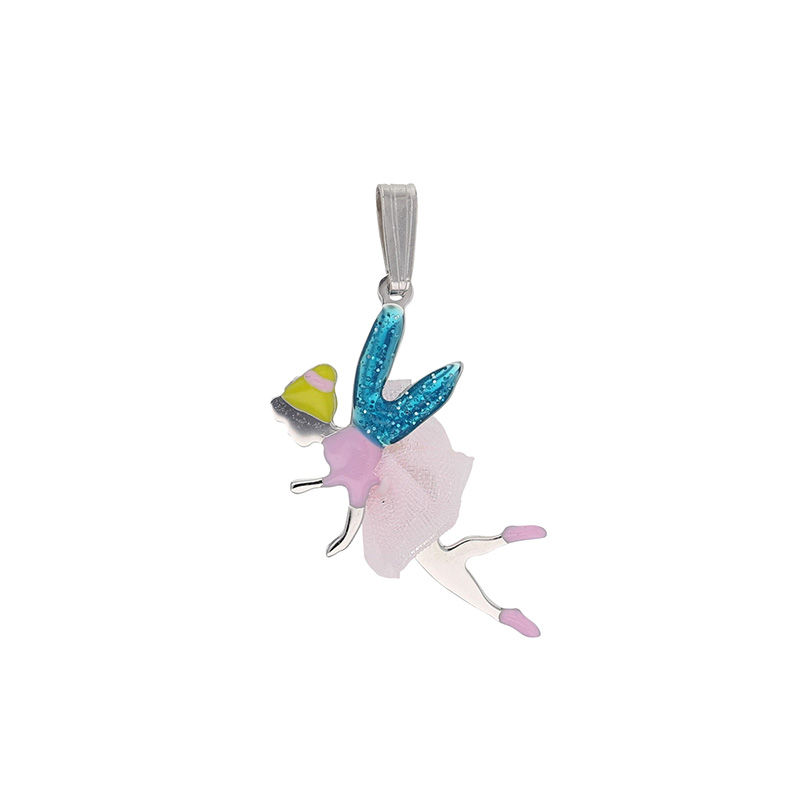Pendentif argent rhodié Fée en tutu et ailes bleues