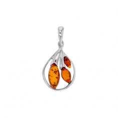 Pendentif arrondi feuille Ambre cognac et argent 925/1000 rhodié
