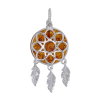 Pendentif attrape-rêve ambre cognac en argent 925/1000 rhodié