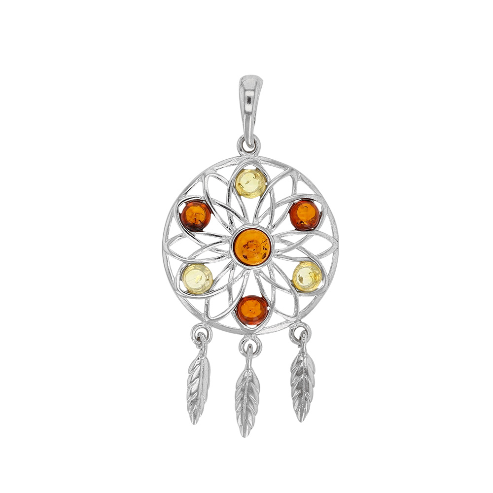 Pendentif attrape-rêves pierres en ambre et argent 925/1000 rhodié