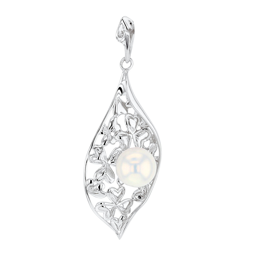 Pendentif avec perle d'eau douce blanche et Argent 925/1000 rhodié - tréfles