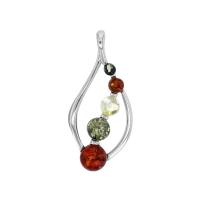 Pendentif boules ambre cognac, vert et jaune, argent 925/1000