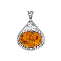 Pendentif cabochon ambre cognac ovale, motif antique, argent 925/1000 vieilli