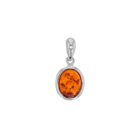 Pendentif cabochon plat ambre cognac et argent 925/1000 rhodié